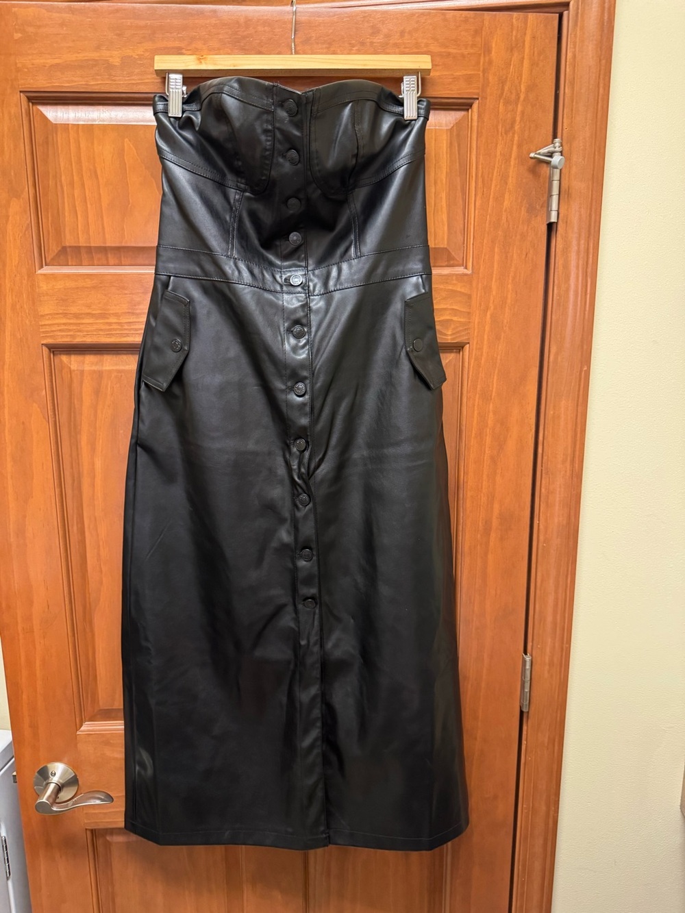 Black Faux Leather Strapless Button-Front Midi Dress